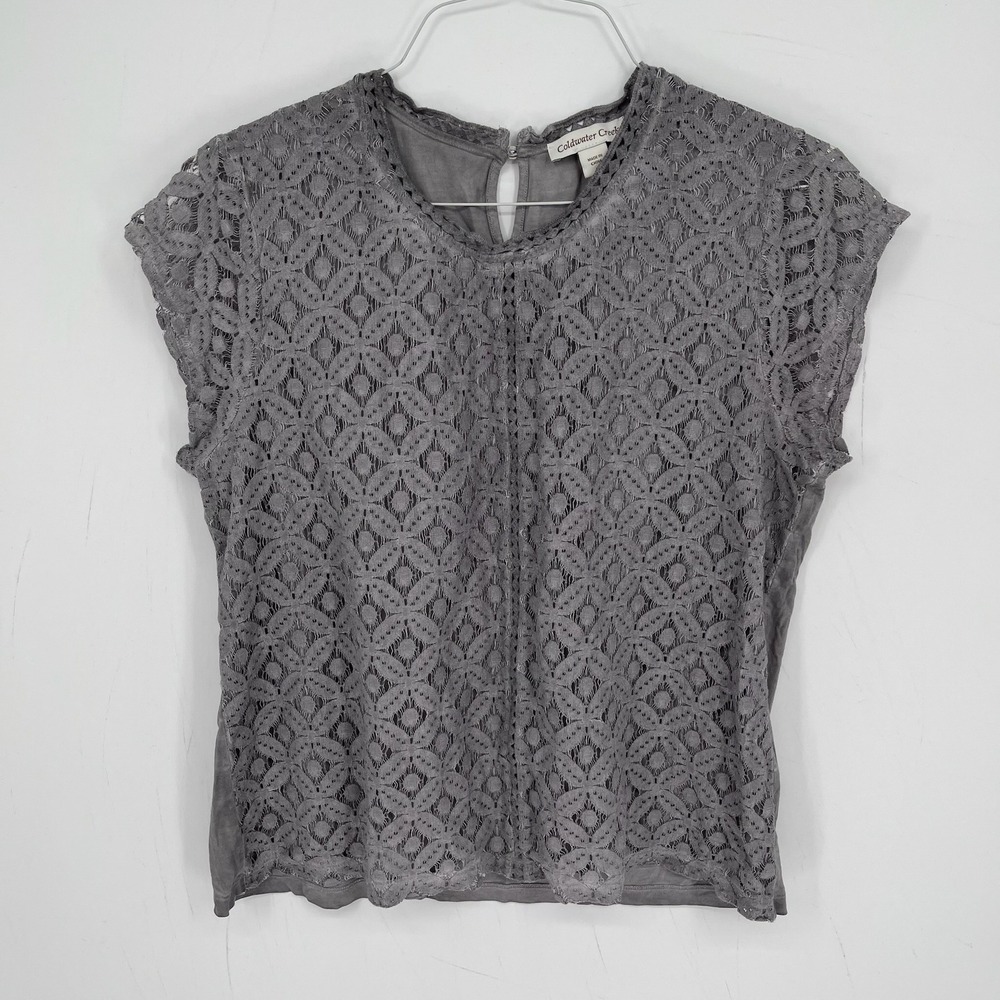 Coldwater Creek Women's Gray Lace Front Cap Sleeve Blouse Size Medium